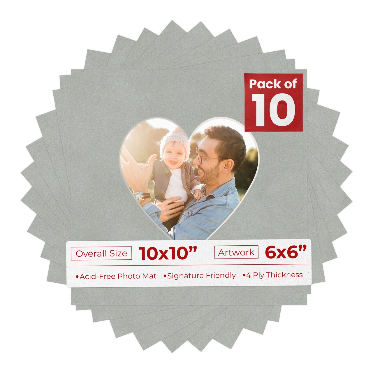 Light Grey Suede Mat Board for 10x10 Frames - Heart Opening for 6x6 Photos